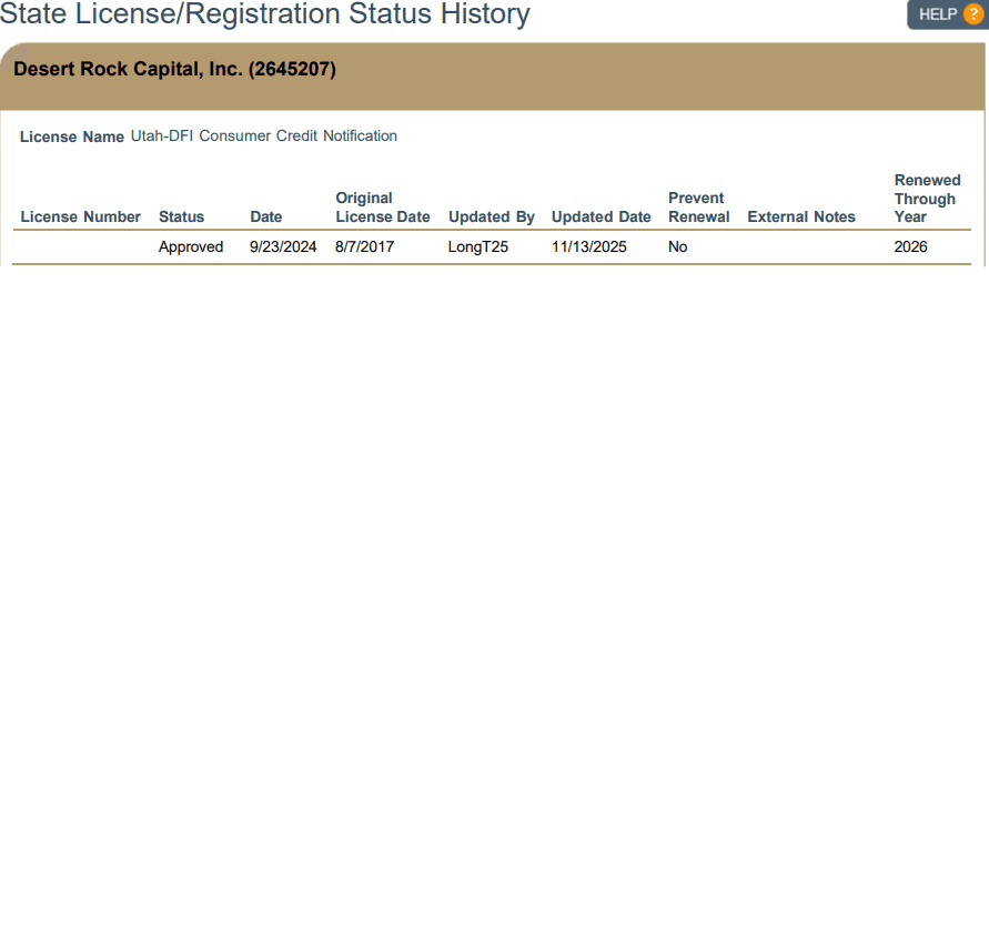 Desert Rock Capital Utah-DFI Consumer Credit Notification License - Approved, Renewed Through 2026